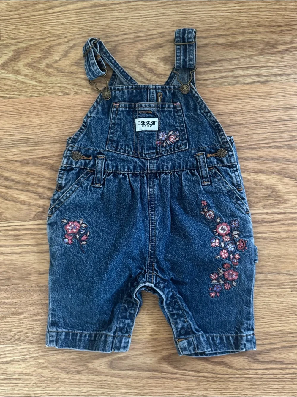 OshKosh B'gosh Dark Blue Denim Overalls with Pink Floral Embroidery - 0-3 month